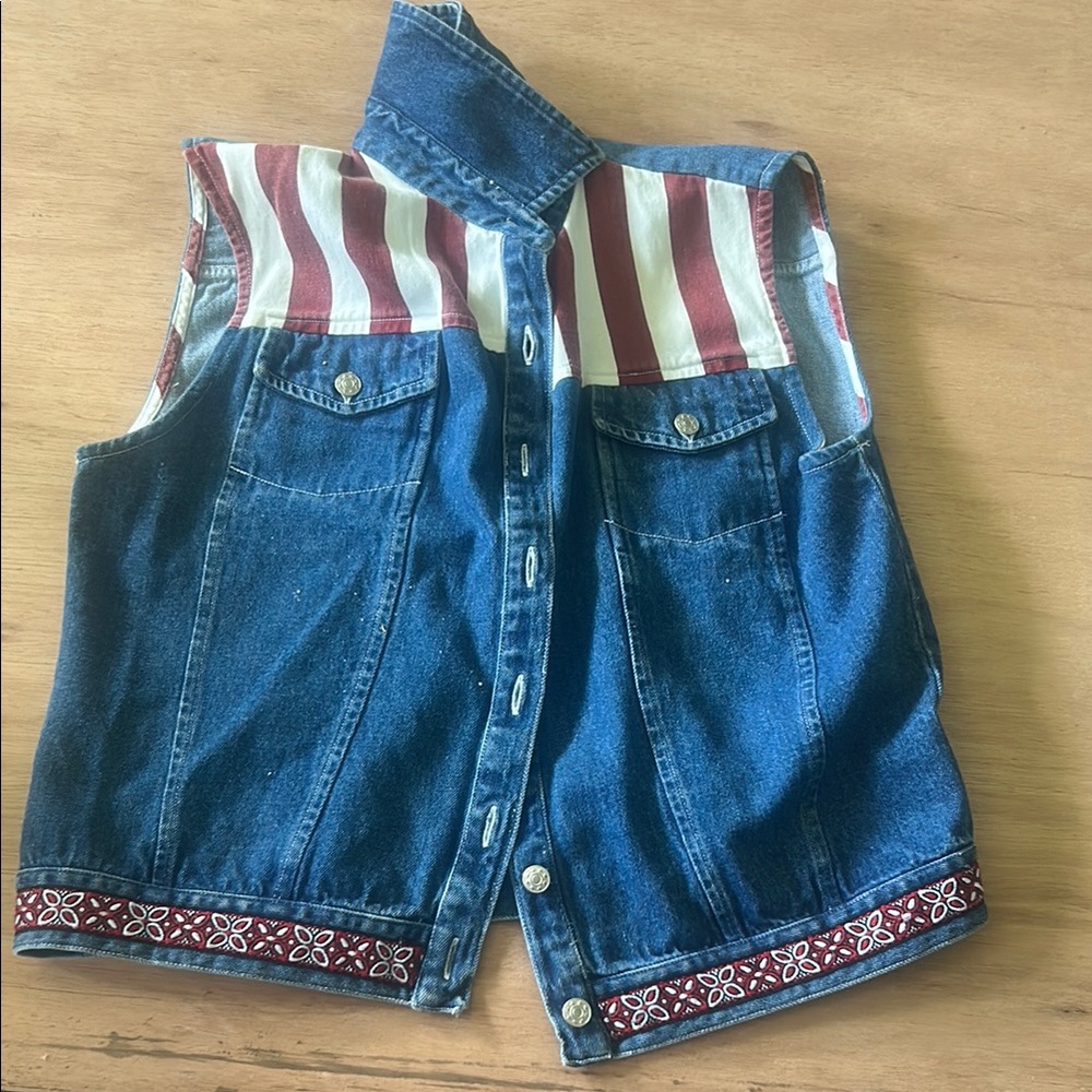 Denim Vest with Red and White Stripes